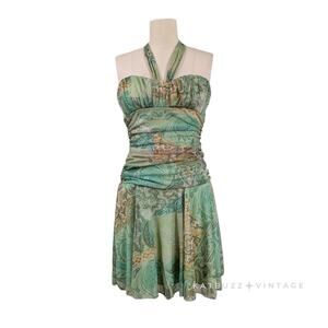 Vintage City Triangles Mini Dress XL Green Fairy Y2K Halter Empire Boho Mesh